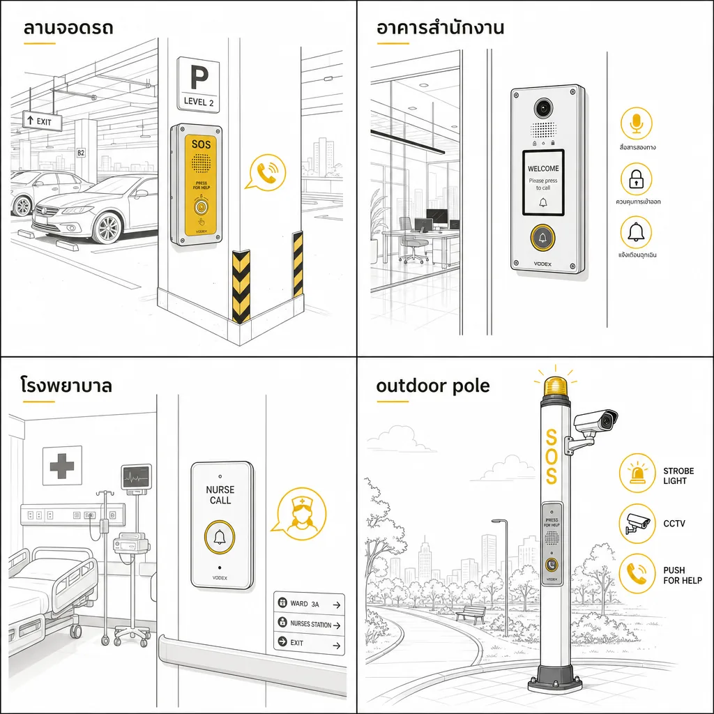 4 application ของ SOS — ลานจอด + อาคาร + nurse call + smart pole