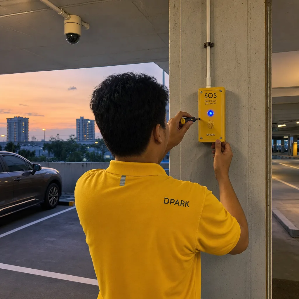 DPARK technician ติดตั้ง SOS call point ในลานจอดจริง