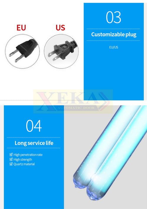 เครื่องฆ่าเชื้อด้วยแสง UVC ขนาด 400W รุ่น CVD-UV04 ตัวเครื่องสแตนเลสสีเงินแบบมีล้อลากพร้อมหลอดไฟสีฟ้ามุมมองเฉียงด้านข้าง