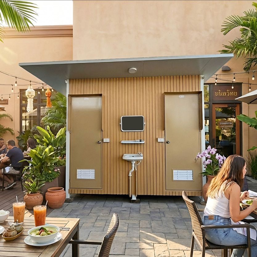 ห้องน้ำคู่ลายไม้ รุ่นนวลไม้ สำหรับร้านอาหาร คาเฟ่ หน้าตรง