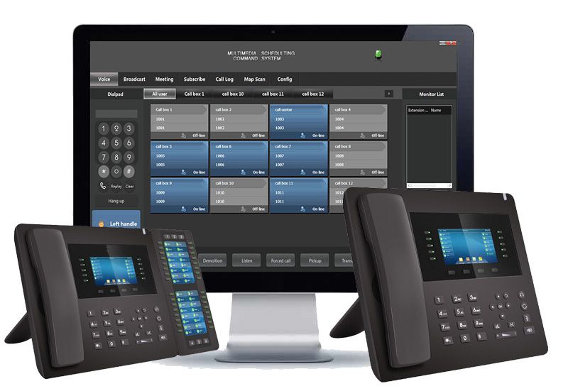 เครื่องรับแจ้งเหตุฉุกเฉิน SOS-PN800 IP Operator Center สีดำ ดีไซน์ทันสมัยพร้อมหน้าจอแสดงผลและหูฟัง วางตั้งบนโต๊ะมุมเฉียง