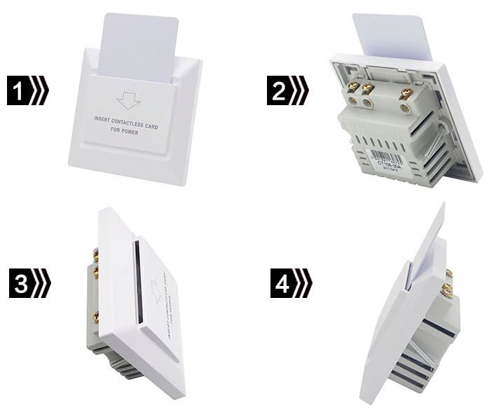 สวิตช์ประหยัดพลังงาน RFID สีขาว มุมมองเฉียง แสดงการเสียบบัตรเพื่อเปิดใช้งาน ติดตั้งบนผนังเรียบเนียนตา