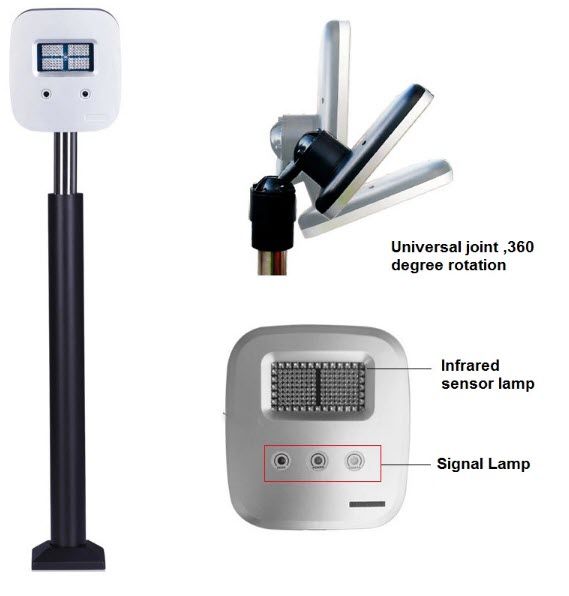 เครื่องอ่านบัตร Bluetooth สีเงิน ดีไซน์ทันสมัย ติดตั้งบนเสาสีดำทรงสูง มุมมองด้านหน้าเห็นแผงวงจรและจุดยึดน็อตชัดเจน