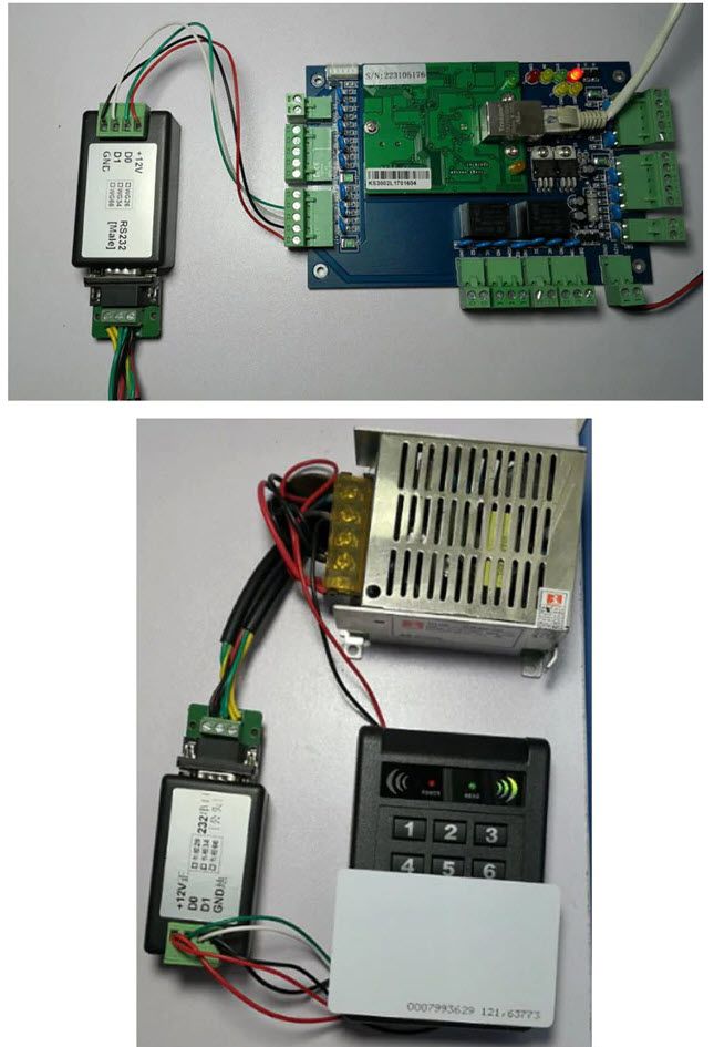 ตัวแปลงสัญญาณ Wiegand เป็น RS232 DB9 สีดำ แสดงแผงวงจรภายในและช่องต่อสายสีเขียว มุมมองด้านบนและด้านข้างแบบชัดเจน