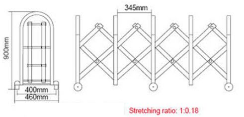 ประตูโฟลดิ้งเกท Folding Gate สีเงินสแตนเลสแบบพับได้ ติดตั้งบนพื้นราบพร้อมล้อเลื่อน มุมมองด้านข้างเห็นโครงสร้างเหล็กชัดเจน