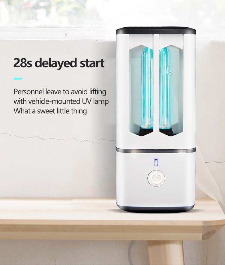 เครื่อง Sterilizer USB UVC+O3 สีขาวทรงสูง แสดงหลอดฆ่าเชื้อแสงสีฟ้าด้านใน วางตั้งบนพื้นผิวสีขาวในมุมมองด้านหน้าตรง