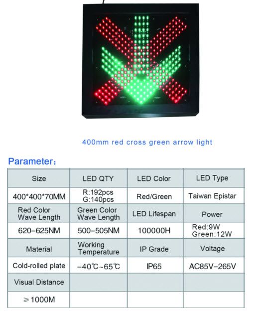 ไฟจราจร กากบาท LED แสดงสัญญาณไฟสีแดงและสีเขียวแบบกากบาท ติดตั้งบนกรอบสี่เหลี่ยมสีดำสำหรับควบคุมการจราจร