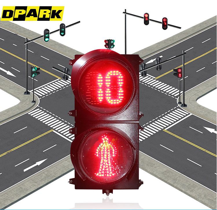 ไฟจราจรรูปคนข้ามถนนพร้อมตัวเลข Counter แสดงสัญญาณไฟสีเขียวและแดงแบบ LED ติดตั้งบนฐานสีดำสำหรับควบคุมทางข้าม