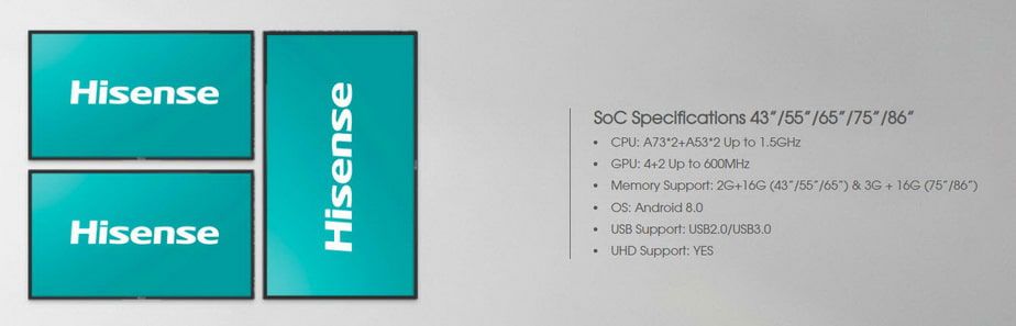 จอ Hisense Signage สีดำดีไซน์บางเฉียบ แสดงมุมมองด้านหน้าแบบเอียงเล็กน้อยสำหรับติดตั้งใช้งานในพื้นที่ต่างๆ