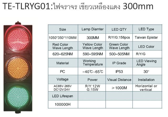ไฟจราจร 300mm ขนาด 3 สี เขียว เหลือง แดง TE-TLRYG01 แสดงมุมมองด้านหน้า แบบติดตั้งบนเสา พื้นผิวสีดำด้าน