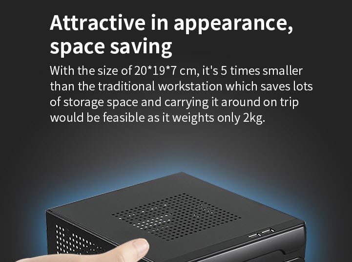 มินิคอมพิวเตอร์ IT-PC01 Core i3 สีดำ ขนาดกะทัดรัด มุมมองเฉียงแสดงช่องระบายอากาศและขนาดตัวเครื่องบนพื้นหลังสีขาว