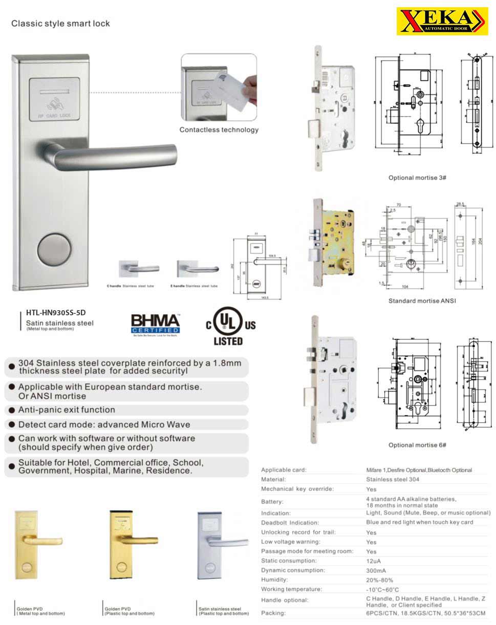 กลอนประตูโรงแรม HTL-HN930-5 สีเงินสแตนเลสแบบ RF Lock ดีไซน์ทันสมัย มุมมองด้านหน้าติดตั้งบนพื้นผิวเรียบสีขาว