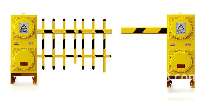 ไม้กั้นรถยนต์ชนิดป้องกันการระเบิด Anti Explosion Parking Barrier สีเหลือง ติดตั้งบนพื้นในมุมมองด้านข้างแบบ 3 มิติ