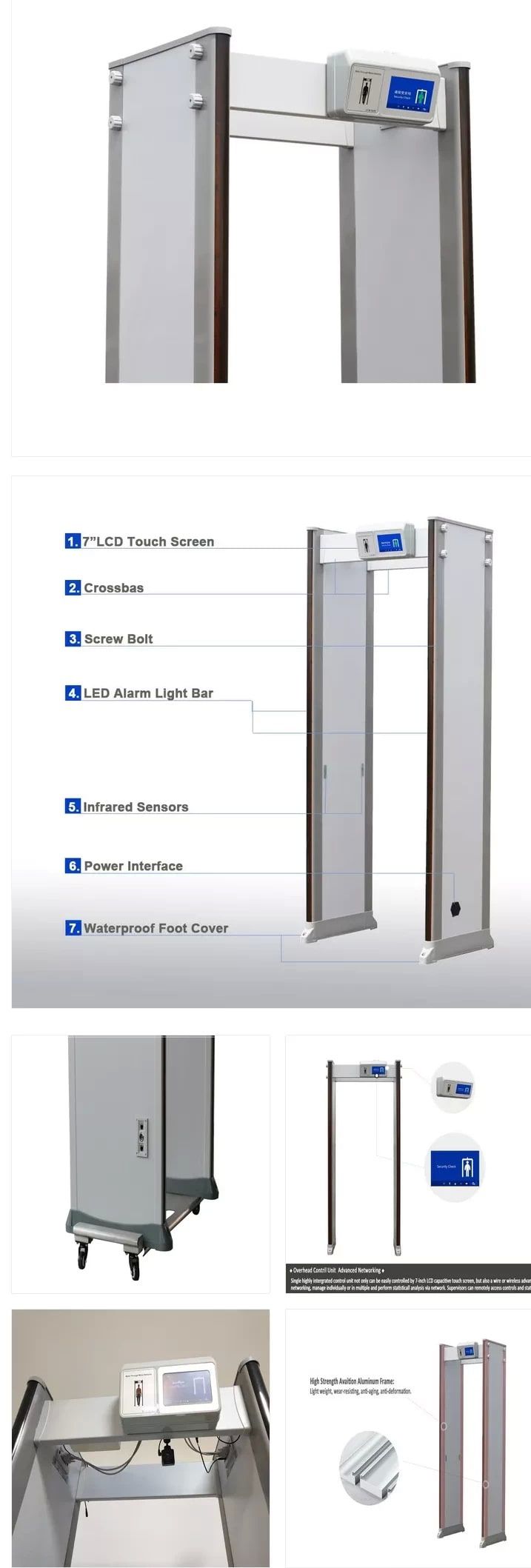 เครื่องตรวจจับโลหะ Walk Through Metal Detector สีขาว ดีไซน์ทรงสูงแบบตั้งพื้น พร้อมหน้าจอแสดงผล มุมมองด้านหน้าตรง