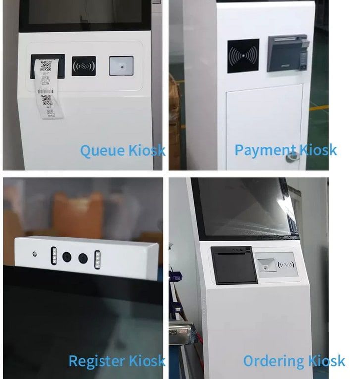 ตู้ Self Service Kiosk สีขาวทรงสูง มุมมองด้านข้าง แสดงหน้าจอสัมผัสและช่องชำระเงินสำหรับสั่งอาหารอัตโนมัติ KDS-014