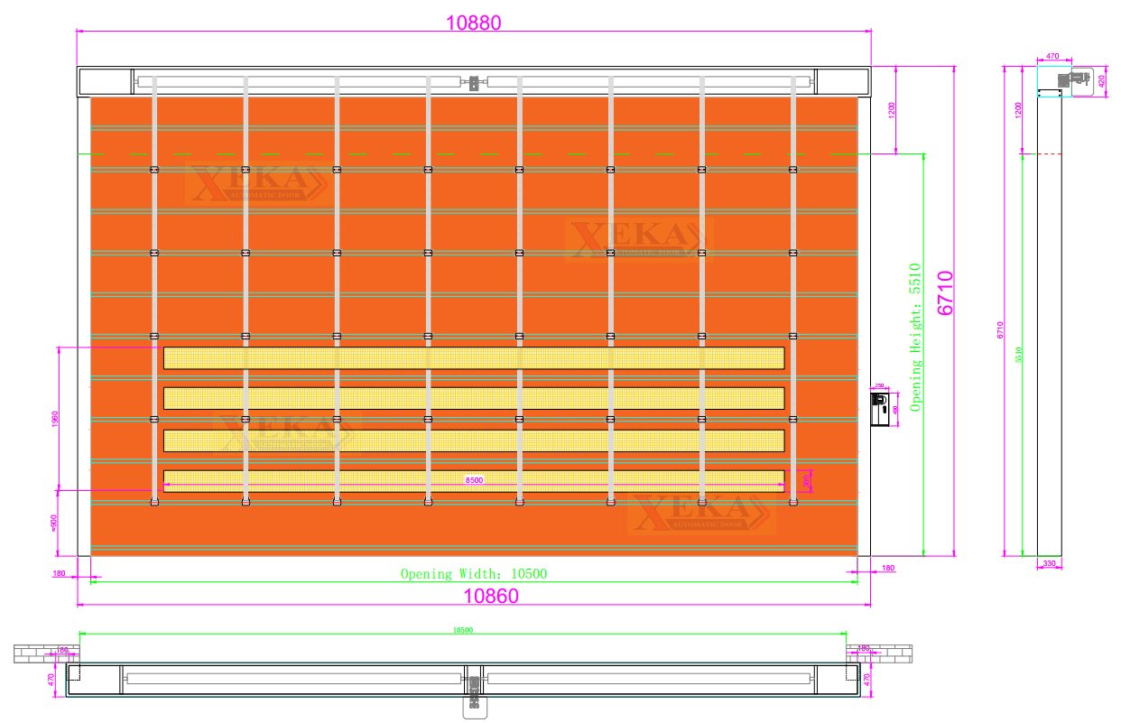 ประตู High Speed door สีน้ำเงินแบบ Stack PVC รุ่น HPD-42 ติดตั้งบนผนังคลังสินค้าขนาดใหญ่ มุมมองตรงหน้าตรง