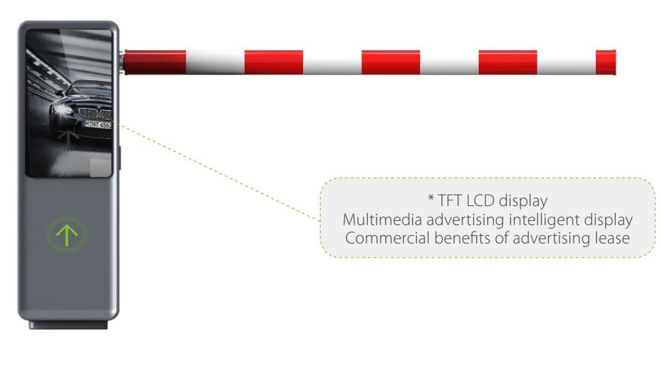 ไม้กั้นรถยนต์ CP-CD100 สีเทาติดตั้งตั้งพื้นพร้อมจอโฆษณา LCD Screen แสดงภาพรถยนต์ มุมมองด้านหน้าตรงเห็นไม้กั้นแถบสีแดงขาวชัดเจน