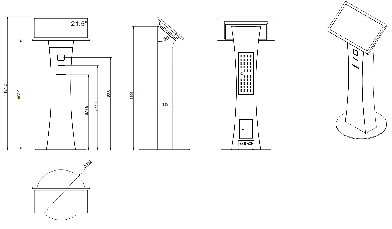 ตู้ Self Service Kiosk รุ่น KDS-015 หน้าจอสัมผัสสีขาว ดีไซน์ตั้งพื้นแบบ Slim สำหรับใช้งานบริการด้วยตนเอง มุมมองเอียงด้านข้าง
