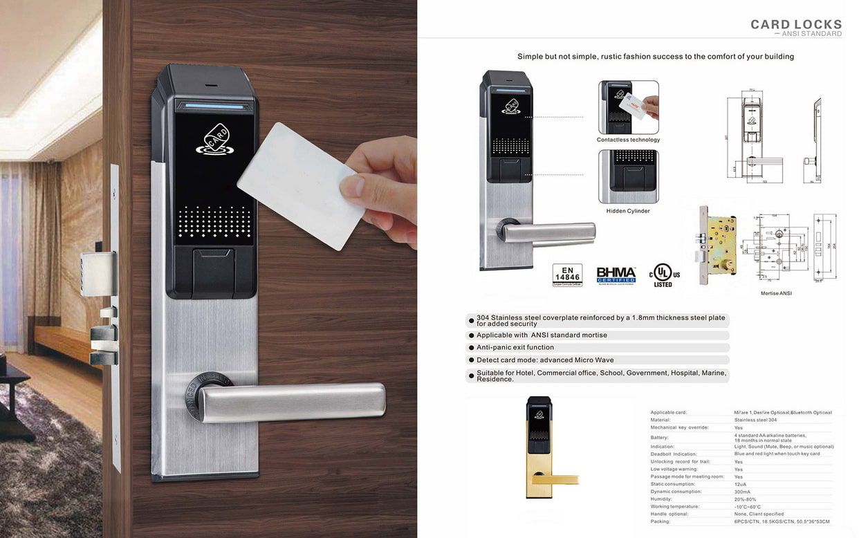 กลอนประตูโรงแรม HTL-HN930 สีเงินสแตนเลสแบบติดตั้งหน้าตรง แสดงระบบ RF Lock และช่องเสียบบัตรสีดำบนตัวเครื่อง