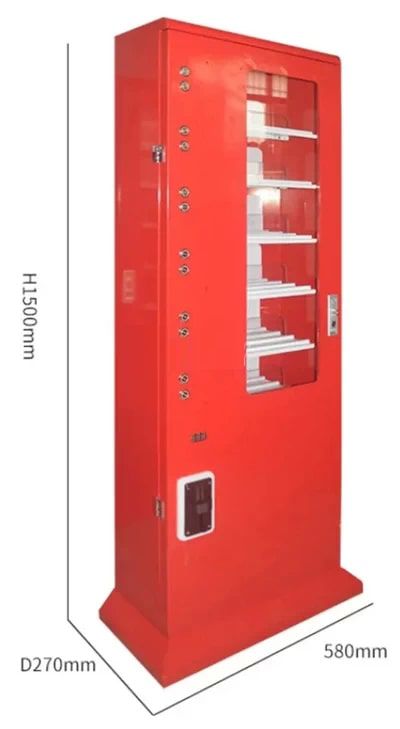 เครื่องขายน้ำยาซักฟอก ปรับผ้านุ่ม Vending machine สีแดง ดีไซน์ทันสมัยแบบตั้งพื้น มองจากมุมตรงเห็นชั้นวางสินค้าด้านในชัดเจน