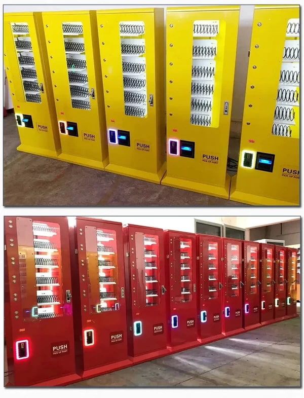 เครื่องขายน้ำยาซักฟอก ปรับผ้านุ่ม Vending machine สีแดง ดีไซน์ทันสมัยแบบตั้งพื้น มองจากมุมตรงเห็นชั้นวางสินค้าด้านในชัดเจน