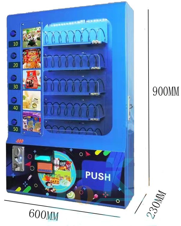 เครื่องขายน้ำยาซักผ้าและปรับผ้านุ่ม Vending machine Mini สีฟ้า ดีไซน์ทรงสูงแบบตั้งพื้น พร้อมช่องจ่ายสินค้าด้านในแบบสปริง