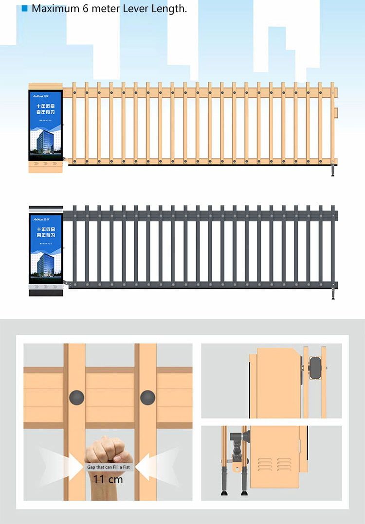ไม้กั้นรถยนต์ CP-CD400 Gate Barrier แบบมีโฆษณาจอ LED สีดำ ดีไซน์ทันสมัยติดตั้งบนพื้น แสดงภาพกราฟิกตึกสูงมุมมองด้านหน้าตรง