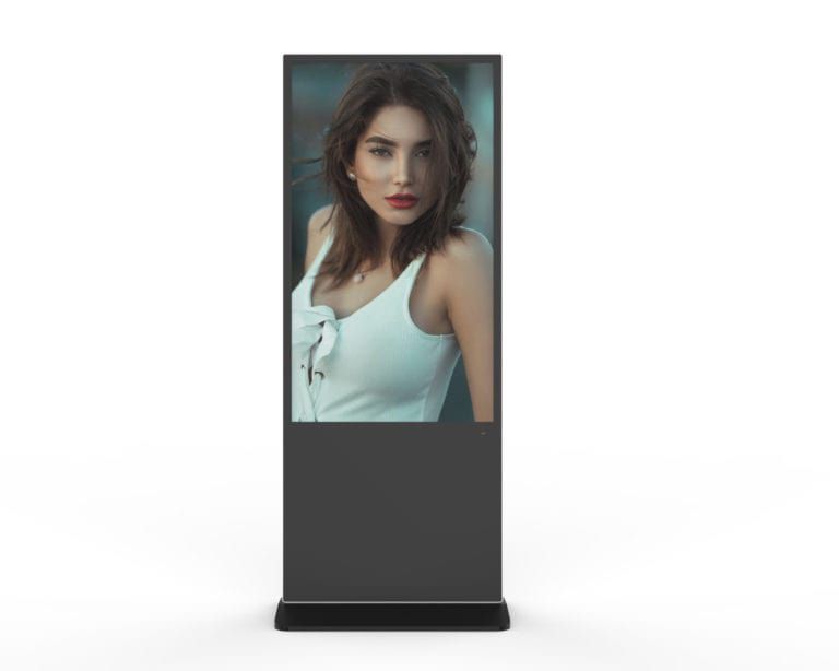 ตู้ Kiosk รุ่น KDS-003 ดีไซน์ทรงสูงสีดำตั้งพื้น แสดงผลภาพแนวตั้งบนหน้าจอขนาดใหญ่ในมุมมองด้านหน้าตรง