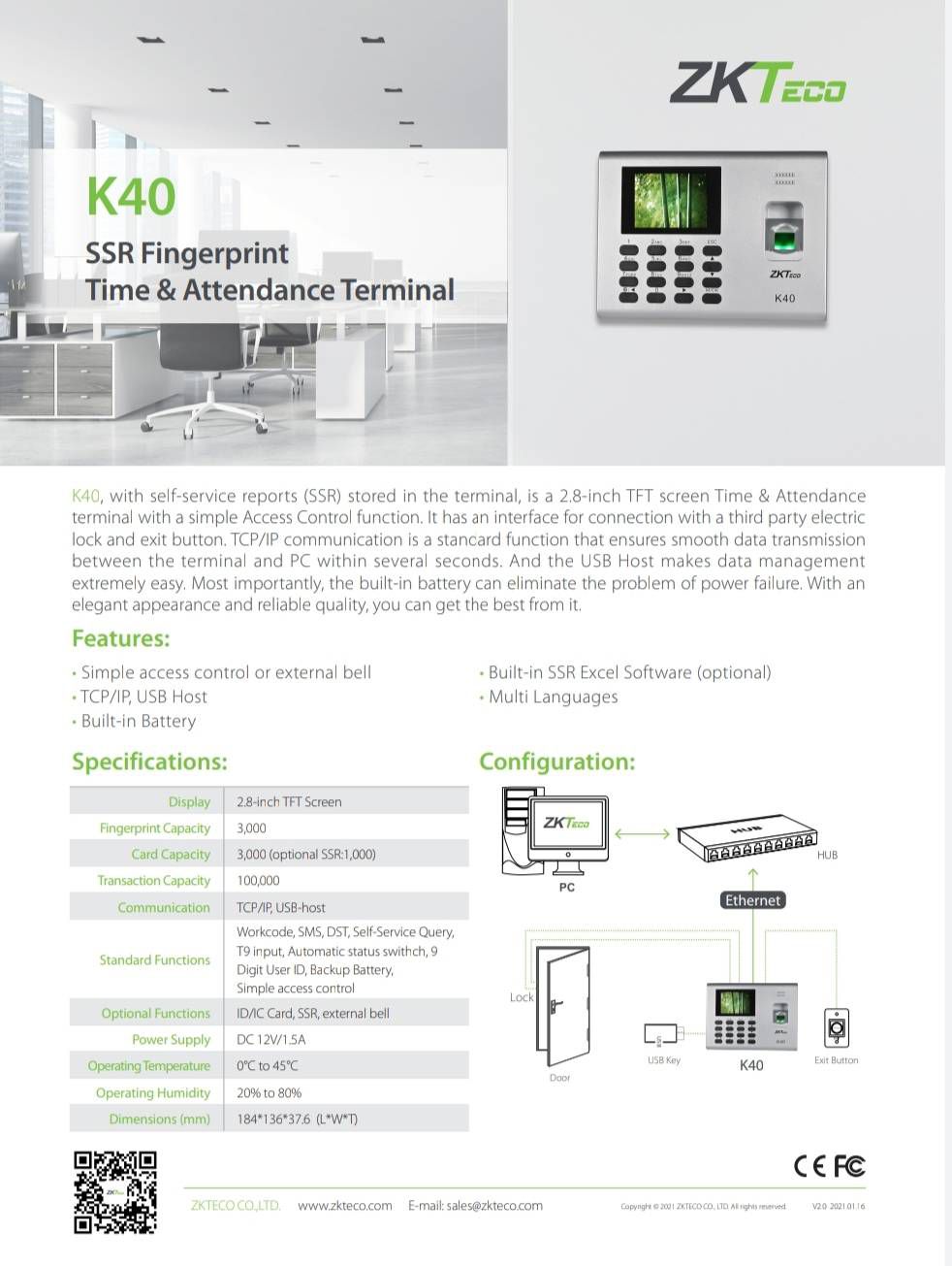 ACS-K40 เครื่องสแกนนิ้ว Standalone Time Attendance Mini Fingerprint ZKTeco