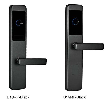 กลอนประตูโรงแรม HTL-D13RF ระบบ RFID สีดำดีไซน์ทันสมัย มุมมองด้านหน้าแสดงหน้าจอสัมผัสและมือจับแบบก้านโยกแบบติดตั้งบนประตู