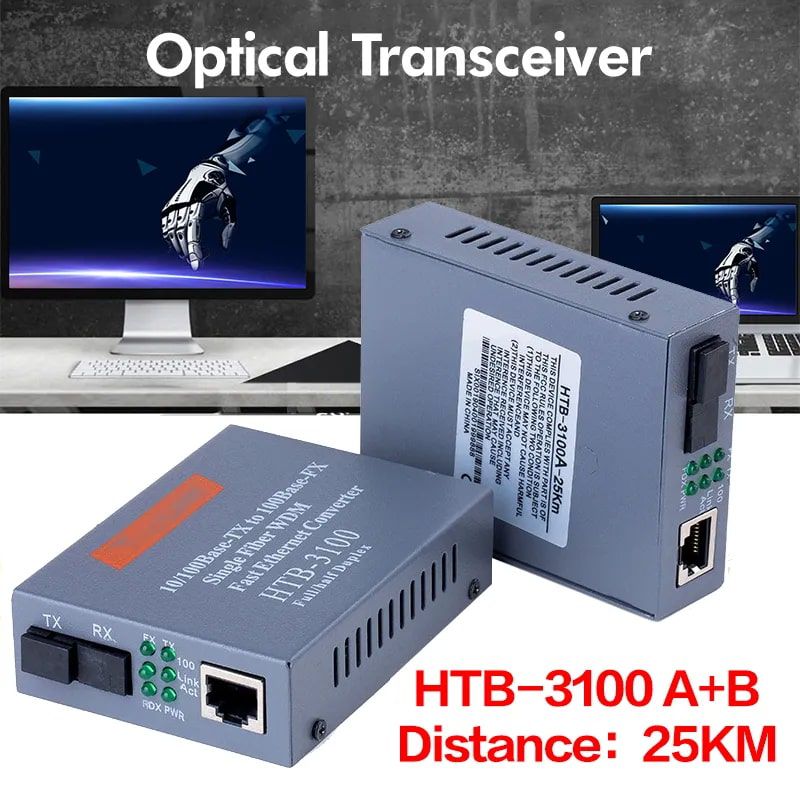 Media Convertor HTB-3100 สีดำ มุมมองด้านบน แสดงตัวเครื่องและอะแดปเตอร์จ่ายไฟ วางบนพื้นหลังสีขาวสะอาดตา