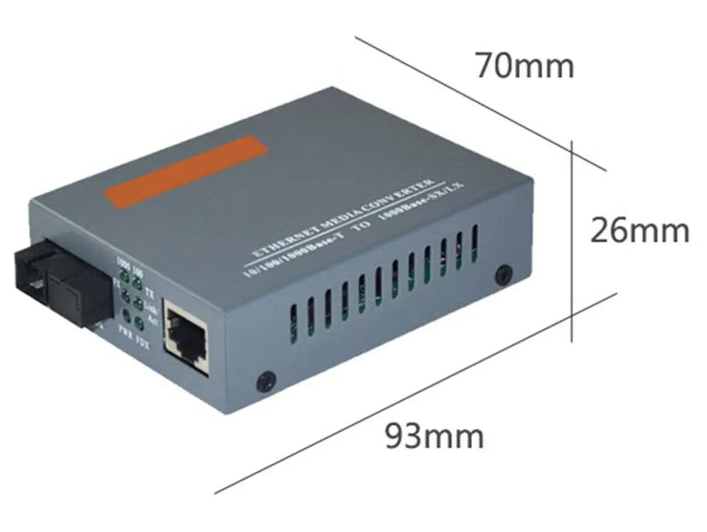 Media Convertor HTB-3100 สีดำ มุมมองด้านบน แสดงตัวเครื่องและอะแดปเตอร์จ่ายไฟ วางบนพื้นหลังสีขาวสะอาดตา
