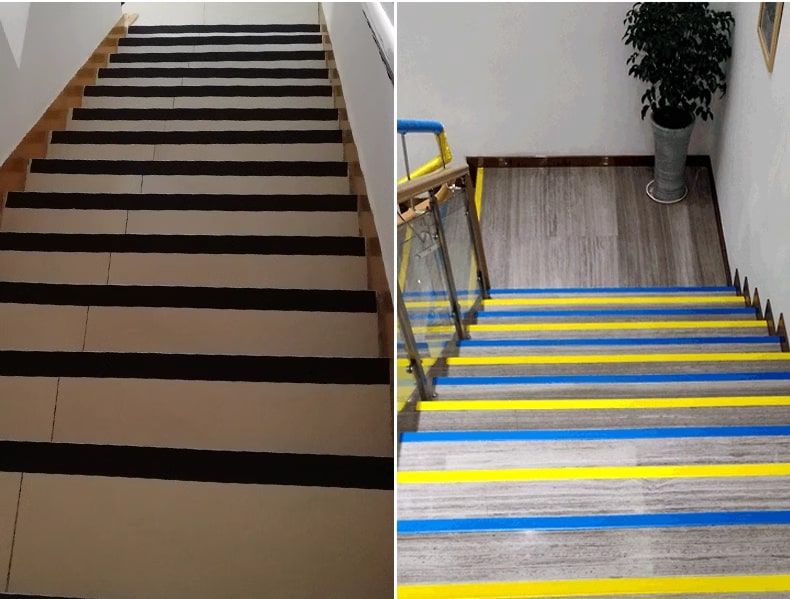 ม้วนเทปกันลื่น Anti-slip Tape หลากหลายสีสัน ทั้งสีดำ แดง ขาว เหลือง เขียว และน้ำเงิน วางซ้อนกันในมุมมองระดับสายตาบนพื้นหลังสีขาวสะอาดตา