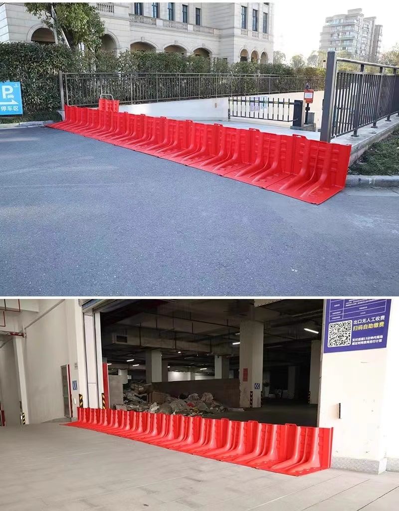 แผงกั้นน้ำท่วม Flood Barrier สีแดง ขนาดสูง 80cm มุมมองด้านหน้าแสดงโครงสร้างพลาสติกแข็งแรงสำหรับติดตั้งป้องกันน้ำท่วม