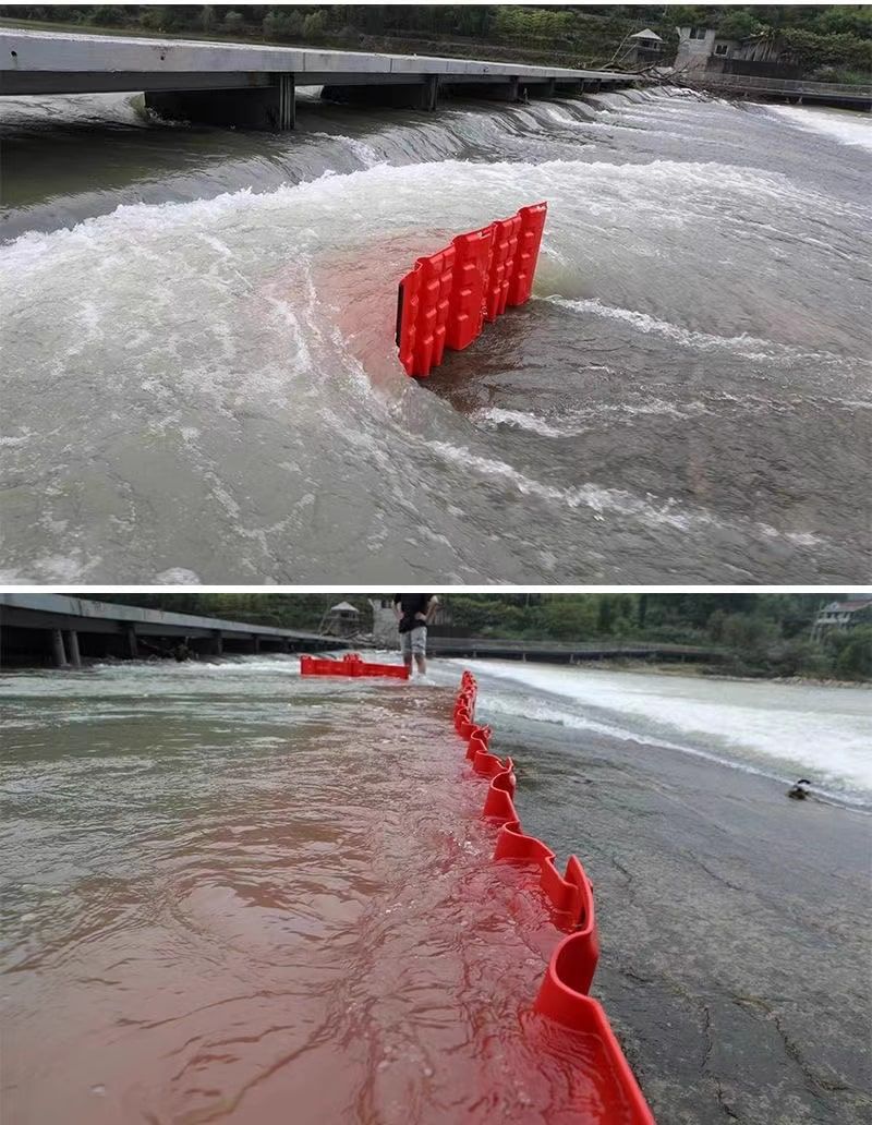 แผงกั้นน้ำท่วม Flood Barrier สีแดง ขนาดสูง 80cm มุมมองด้านหน้าแสดงโครงสร้างพลาสติกแข็งแรงสำหรับติดตั้งป้องกันน้ำท่วม