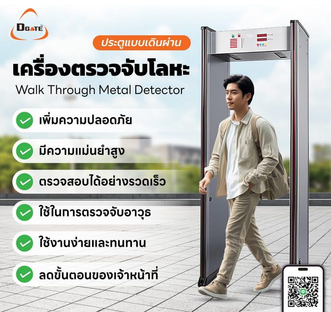 เครื่องตรวจจับโลหะ Walk Through Metal Detector สีเทาเงิน ดีไซน์ทรงสูงแบบตั้งพื้น มุมมองด้านหน้าตรงสำหรับใช้งานในอาคาร