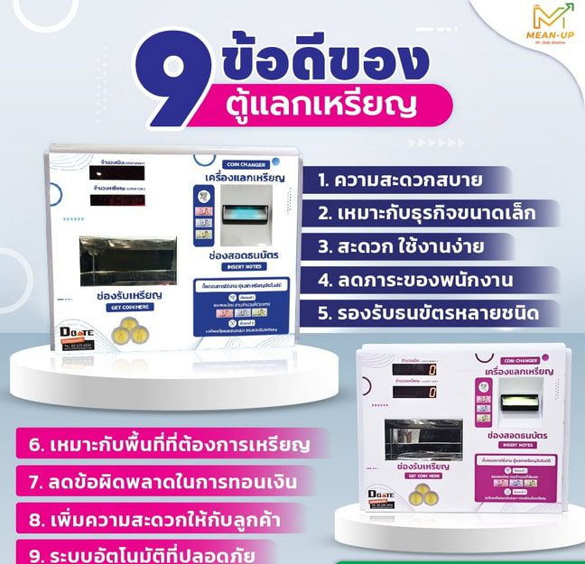 ตู้แลกเหรียญ 10 Mini รุ่น VDM-CD02 สีขาวแบบติดผนัง แสดงมุมมองด้านหน้าพร้อมช่องรับเหรียญและช่องใส่ธนบัตรชัดเจน