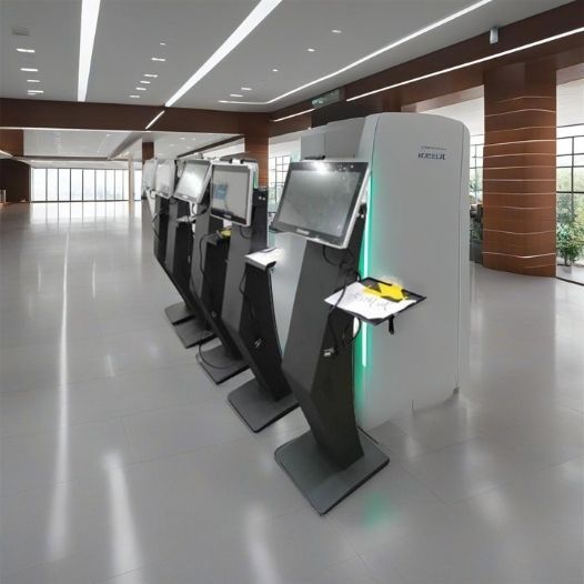 ตู้ Self Service Kiosk รุ่น KDS-018 สีขาวดีไซน์ทันสมัย แบบตั้งพื้นพร้อมหน้าจอสัมผัสขนาดใหญ่ มุมมองเฉียงด้านข้างบนพื้นหลังขาว