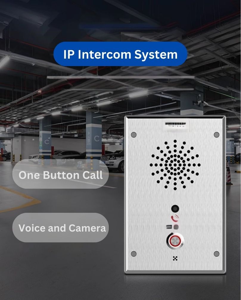 เครื่อง SOS-DX1:IP Intercom ระบบแจ้งเหตุฉุกเฉิน SOS ตัวเครื่องโลหะสีเงินทรงสี่เหลี่ยมพร้อมกล้องและปุ่มกดสีแดง มุมมองด้านหน้าตรง