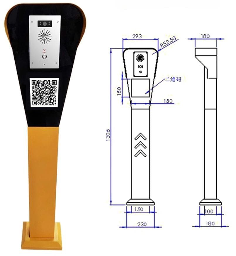 เสา SOS Intercom รุ่น SOS-ST02 สีเหลืองดีไซน์ทรงสูงพร้อมหน้าจอและ QR Code ตั้งบนฐานสี่เหลี่ยมมุมมองด้านหน้าตรง