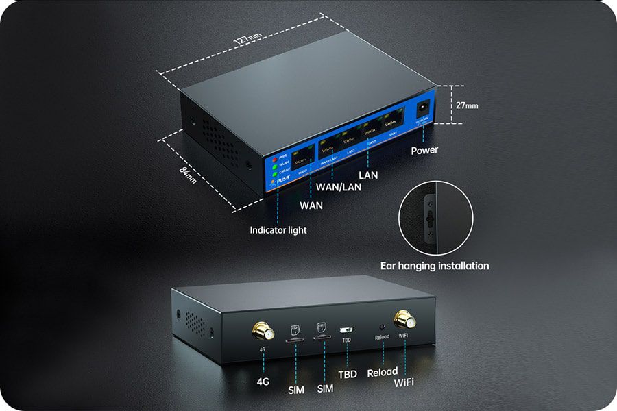 เราเตอร์ 4G Industrial Dual SIM รุ่น IT-G805 ตัวเครื่องสีดำพร้อมเสาสัญญาณคู่ วางมุมเฉียงเห็นพอร์ตเชื่อมต่อด้านหน้าชัดเจน