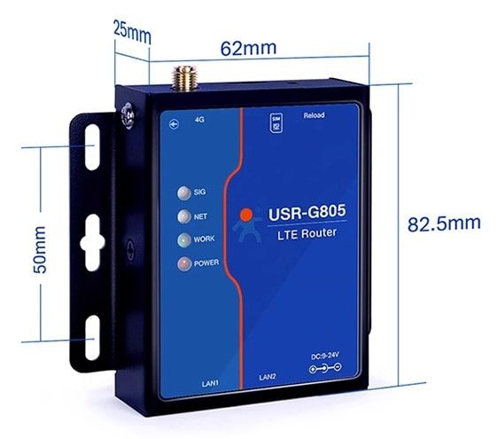 เราเตอร์อุตสาหกรรม 4G Industrial SIM Router รุ่น IT-G805c สีดำพร้อมเสาสัญญาณ ติดตั้งบนฐานยึดเหล็ก มุมมองด้านหน้าตรง