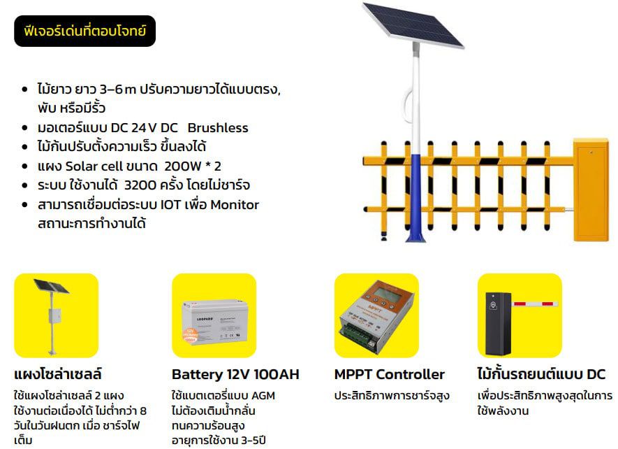 ไม้กั้นรถยนต์ โซล่าเซลล์ รุ่น CP-CPG27 สีเหลืองสลับน้ำเงิน ติดตั้งแผงโซล่าเซลล์บนเสาสูง มุมมองด้านหน้าตรงบนพื้นขาว