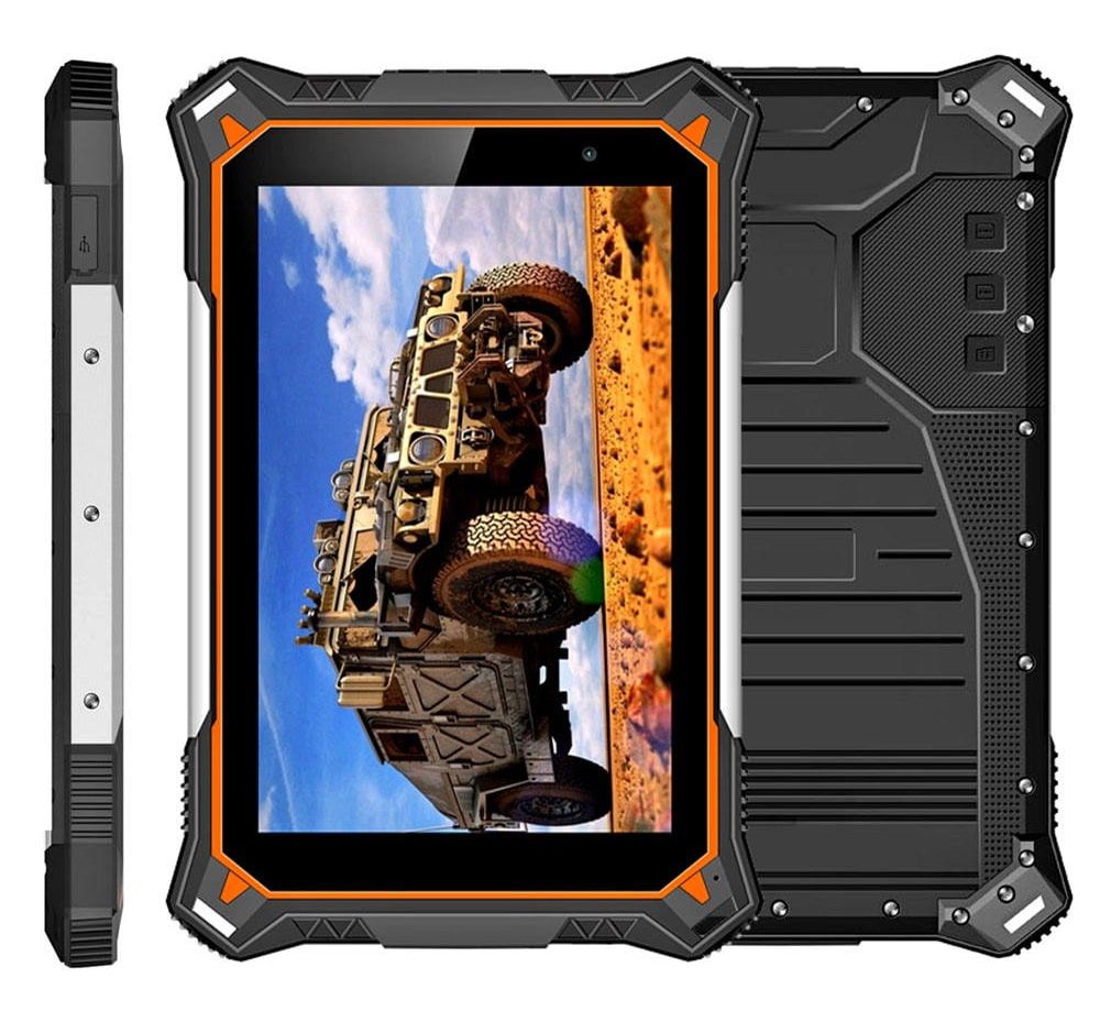 แท็บเล็ต Android Rugged Tablets KDS-024 สีดำสลับส้ม ดีไซน์รุ่นกันน้ำ กันกระแทก แสดงหน้าจอแสดงเวลา มุมมองเฉียงด้านหน้า