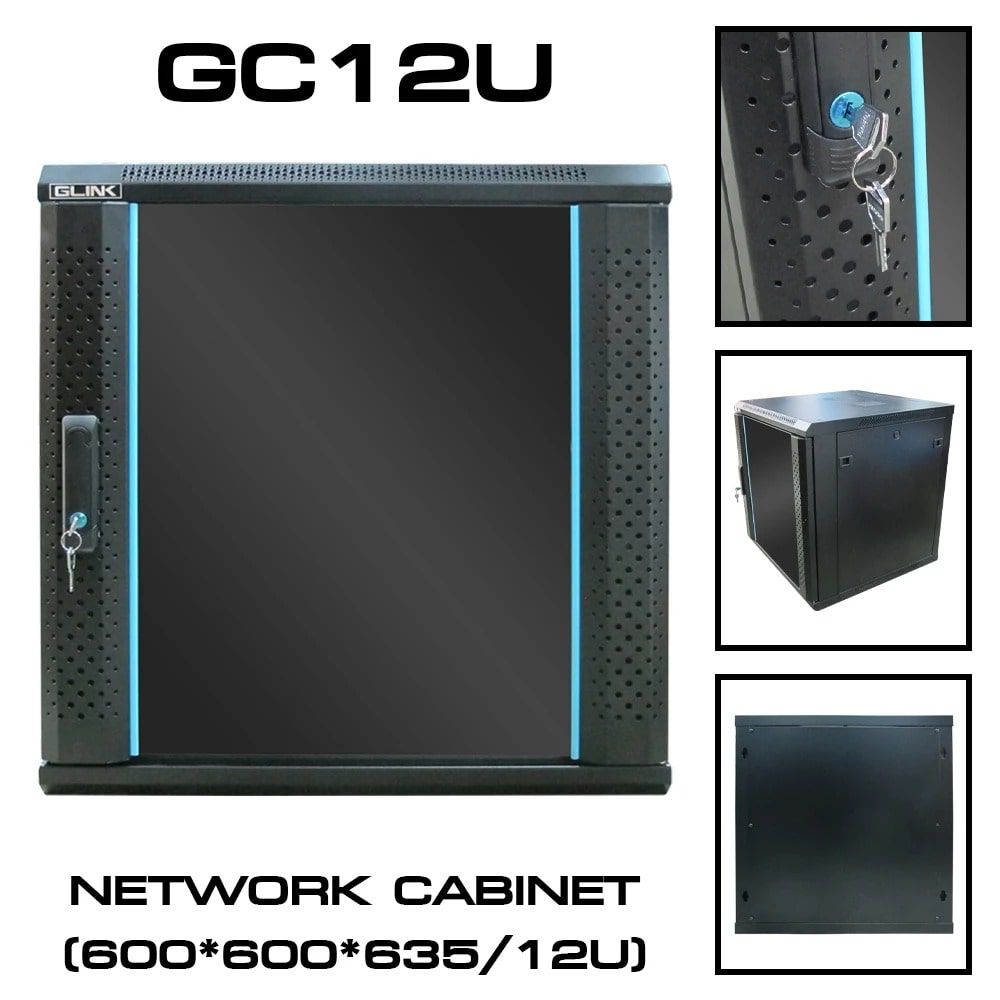 ตู้แร็คแบบติดผนัง Wall rack 12U สีดำดีไซน์ทันสมัย มุมมองเฉียงแสดงรายละเอียดตัวตู้และฝาหน้าสำหรับติดตั้งอุปกรณ์เครือข่าย