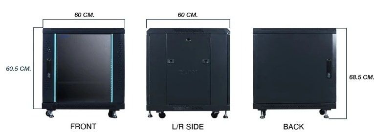 ตู้แร็คแบบติดผนัง Wall rack 12U สีดำดีไซน์ทันสมัย มุมมองเฉียงแสดงรายละเอียดตัวตู้และฝาหน้าสำหรับติดตั้งอุปกรณ์เครือข่าย