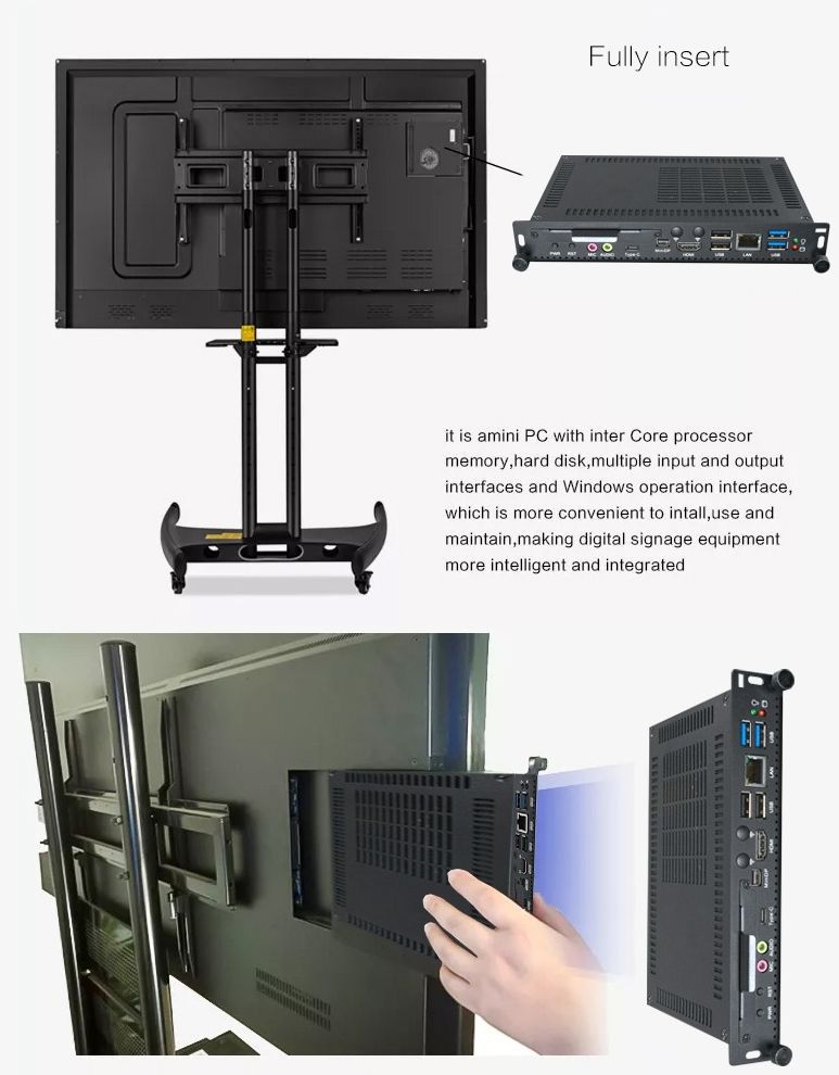 มุมมองด้านหลังเครื่องคอมพิวเตอร์ OPS สำหรับ Smart Whiteboard สีดำ แสดงพอร์ตเชื่อมต่อ VGA HDMI และ USB สำหรับติดตั้งใช้งาน