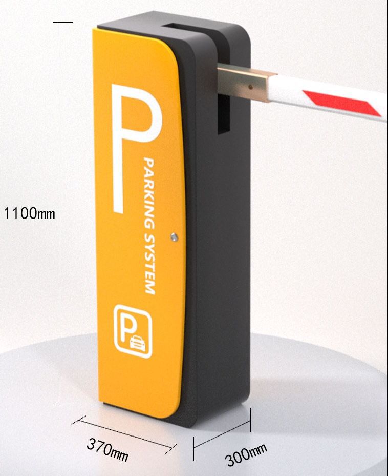 ไม้กั้นรถยนต์ Bi-Directional Gate Barrier รุ่น CP-CPG500 ตัวเครื่องสีดำแถบเหลืองพร้อมไม้กั้นสีขาวแดงวางมุมเฉียงบนพื้นขาว