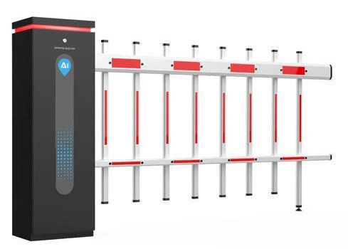 ไม้กั้นรถยนต์ DC Gate Barrier สีเงินดีไซน์ทันสมัย ติดตั้งบนพื้นสำหรับควบคุมทางเข้าออก มุมมองด้านหน้าตรงแบบเต็มตัว