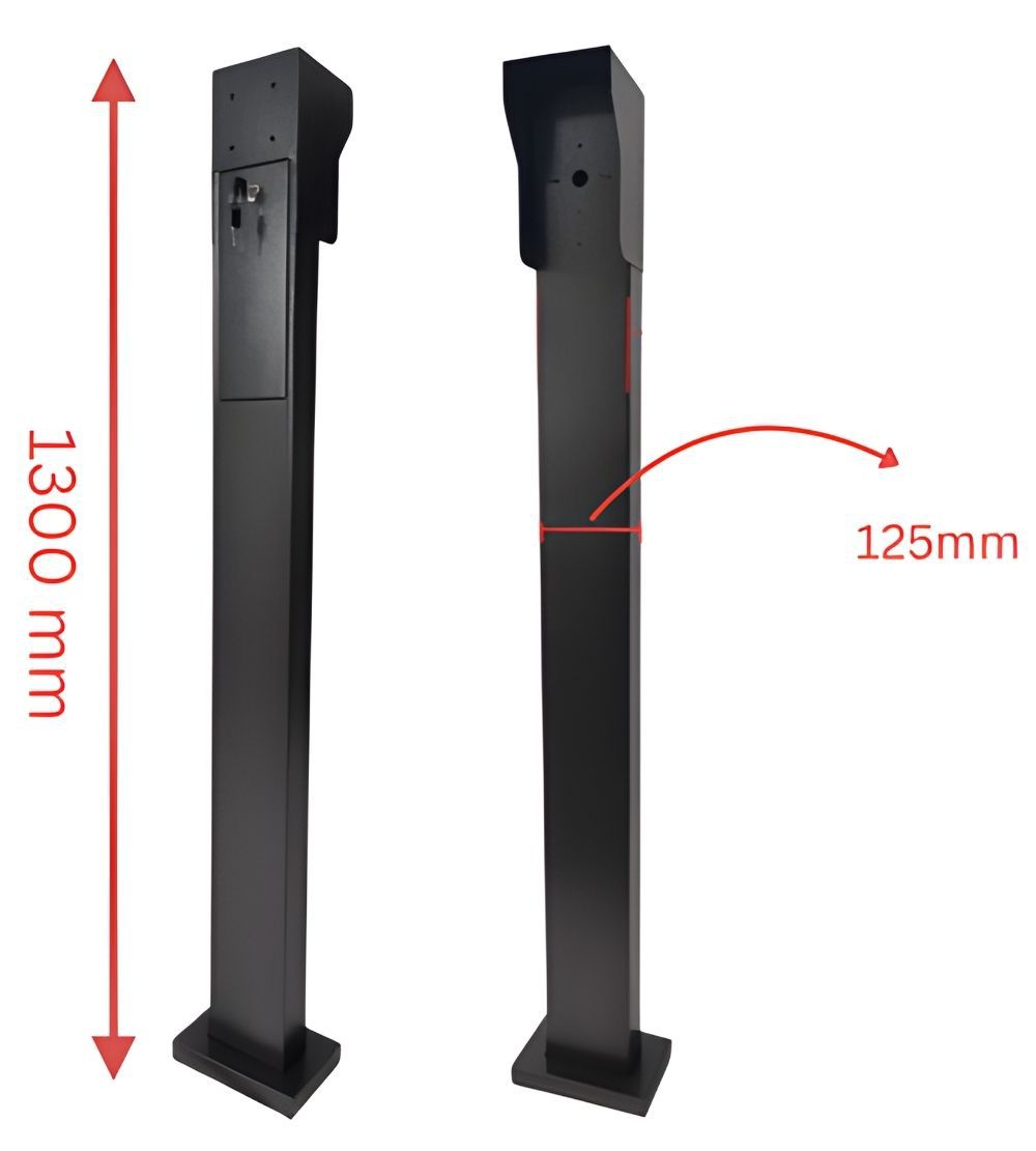 เสา SOS Intercom รุ่น SOS-ST03 สีดำดีไซน์ทรงสูง ติดตั้งแบบตั้งพื้น แสดงมุมมองด้านหน้าและด้านข้างของอุปกรณ์